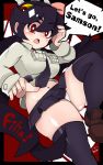 1girl 2021 bright_pupils diamond-shaped_pupils diamond_(shape) filia_(skullgirls) highres kazunoko_(split) navel necktie open_mouth panties pleated_skirt red_eyes samson_(skullgirls) school_uniform sharp_teeth skirt skullgirls solo speech_bubble symbol-shaped_pupils teeth thick_thighs thighhighs thighs tongue tongue_out underwear upskirt white_pupils