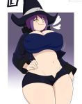 1girl big_breasts blair breasts jinu microshorts minishorts purple_hair short_hair shorts soul_eater witch_hat