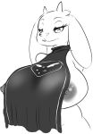 1girl 1girl anthro areola big_breasts boss_monster breasts clothing floppy_ears furry grin horn huge_breasts looking_at_viewer monochrome nipples seii3 toriel undertale video_games zxx3