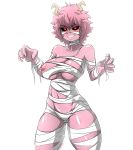 1girl 1girl 1girl artist_name ashido_mina bandages big_breasts black_sclera breasts cowboy_shot eyebrows_visible_through_hair fishywishy glowing glowing_eyes grin hair_between_eyes high_resolution horns looking_at_viewer my_hero_academia naked_bandage navel nipples pink_hair pink_skin red_eyes shiny shiny_skin short_hair simple_background smile toned very_high_resolution white_background