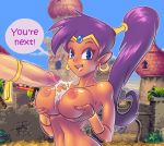 1girl big_breasts blue_eyes breasts cum cum_in_mouth cum_on_breasts cute hair long_hair looking_at_viewer nipples penis pointed_ears purple_hair shantae shantae_(character) smile