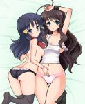 2girls aqua_eyes ass bed bed_sheet black_panties blue_eyes blush bow bow_panties breasts brown_hair chro_(rulurullu) dawn hair hair_down hair_ornament hairclip highres hikari_(pokemon) hilda lace lace-trimmed_panties large_breasts long_hair looking_at_viewer multiple_girls navel off_shoulder on_bed panties pink_panties pokemon pokemon_(anime) pokemon_bw pokemon_dppt red_scarf scarf shirt sideboob smile strap_slip tanktop thighhighs topless touko_(pokemon) underwear underwear_only wavy_hair white_shirt wristband yuri