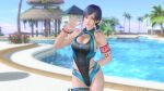  1girl alluring bare_legs big_breasts blue_eyes blue_hair dead_or_alive dead_or_alive_xtreme_venus_vacation fwcnm99999 highleg_bikini one-piece_bikini outside pin_up reika_(doa) swimming_pool tecmo 