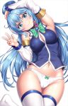 1girl aqua_(konosuba) aqua_eyes bare_shoulders big_breasts blue_hair cameltoe erect_nipples_under_clothes female_only kono_subarashii_sekai_ni_shukufuku_wo! lambda_(kusowarota) long_hair looking_at_viewer smile white_legwear