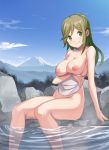  1girl 1girl 1girl :3 arm_under_breasts big_breasts breast_hold breasts clavicle convenient_leg day eyebrows eyebrows_visible_through_hair fang female_only female_solo green_eyes green_hair head_tilt high_resolution holding holding_towel inuyama_aoi long_hair looking_at_viewer mountain nipples nude onsen outside partially_submerged rock saiste sitting skin_fang smile soaking_feet thick_eyebrows thighs towel white_towel yurucamp 