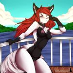  1girl 1girl anthro blue_eyes breasts canine collar fox furry hair looking_at_viewer mammal natysanime nipple_piercing nipples nude one_eye_closed piercing pussy red_hair 