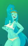 adventure_time blue_skin breasts buckteeth canyon circlet crop_top female giant giantess gradient gradient_background green_eyes long_hair navel nipples open_mouth panties ponytail retrokidz shirt_lift smile solo tank_top thumbs_up underwear very_long_hair