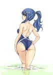 1girl alluring ass big_breasts blue_eyes blue_hair breasts fairy_tail hair juvia_loxar light-skinned_female light_skin long_hair looking_at_viewer looking_back mashima_hiro ponytail swimsuit water