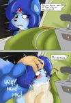 1girl anthro blue_fur blush bulge canine clothing cockpit comic cum english_language fellatio forced forced_oral fox fur furry krystal male male/female mammal nintendo oral pants penis sex space spacecraft star_fox starfox_adventures starit tears testicles vehicle video_games