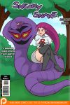 1girl ambiguous_gender arbok beastiality big_breasts blush breasts clothed clothing comic cover_art cover_page duo english_text feral hair human humans_of_pokemon jessie_(pokemon) jessie_(team_rocket) legwear mammal musashi_(pokemon) nintendo pokemon pokemon_(anime) rainbow-flyer red_hair reptile scalie sitting skimpy snake sneaky_snake stockings sweat team_rocket text tight_clothing video_games