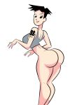  1girl ass big_ass black_eyes black_hair earrings herny looking_back looking_down mtv pie rings short_hair smile tattoo white_background 