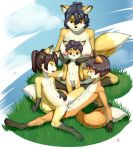 1girl 2016 anthro aogami armpits big_breasts black_hair blue_eyes breasts brother brother_and_sister brown_eyes brown_hair canine chest_tuft claws clitoris cloud cowgirl_position crossed_legs dipstick_tail erection flat_chested fox fur furry gloves_(marking) grass group hair highres incest male male/female mammal markings mature_female milf multicolored_tail navel nipples on_top open_mouth orange_eyes outside parent penetration penis pigtails pussy reclining sex sibling signature sister sitting smile socks_(marking) spread_legs spreading standing testicles tongue tongue_out tuft vaginal vaginal_penetration