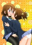  2girls ahenn ass blush brown_eyes brown_hair closed_eyes cute hair hirasawa_ui hirasawa_yui incest k-on! lemon lemon_background looking_at_another miniskirt multiple_girls panties polka_dot_background school_uniform short_hair sisters yuri 