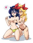 2girls big_breasts blonde_hair blue_eyes blue_hair blush breast_grab breasts cute dragon_ball from_behind from_behind_position green_eyes hair heart launch long_hair medium_breasts naughty_face nervous nipples on_knees panties printed_panties scared selfcest shy side-tie_panties smile spoken_heart star striped_panties sweating topless underwear yuri