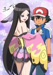  1boy 1girl ash_ketchum ass baseball_cap black_hair brown_eyes long_hair looking_at_viewer pokemon pokemon_xy purple_eyes short_hair smile valerie_(pokemon) zaizaiwangwang 