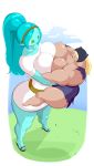 2girls adventure_time ass big_ass big_breasts blonde_hair blue_hair blue_skin breasts bulumble-bee canyon cartoon_network clothes clouds collarbone dress female female_only fully_clothed giant giantess grass green_eyes headband hugging larger_female long_hair muscular_female open_mouth pointy_ears ponytail sandals size_difference susan_strong