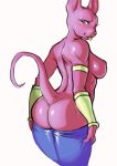  1girl anthro ass bedroom_eyes beerus blush cat clothed clothing crossgender deity dragon_ball dragon_ball_z feline female_beerus female_only furry genderswap genderswap_(mtf) half-closed_eyes looking_back mammal muscular nipples presenting presenting_hindquarters rhodesio seductive simple_background smile sweat tongue tongue_out topless undressing yellow_eyes 