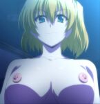 1girl 1girl 1girl asymmetrical_hair blonde_hair blue_eyes breasts dakara_boku_wa_h_ga_dekinai. fukumune_iria huge_breasts looking_at_viewer naughty_face nipples nude ponytail screen_capture short_hair side_ponytail smile stitched third-party_edit tied_hair