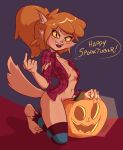 1girl anthro barefoot black_eyes blush bottomless breasts brown_fur canine clothed clothing dabbledraws dialogue english_text flannel food fruit fur furry ghoul_school hair halloween jack-o'-lantern mammal orange_hair pumpkin scooby-doo scooby-doo_and_the_ghoul_school smile speech_bubble spooktober text torn_clothing werewolf winnie_werewolf yellow_sclera