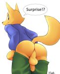  1girl absurd_res anthro anus ass backsack blush canine english_text erection fox fur furry highres humanoid_penis kaiketsu_zorori looking_back male mammal oloxbangxolo partially_retracted_foreskin penis presenting presenting_hindquarters simple_background testicles text uncut yellow_fur zorori 