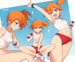  1girl 1girl 1girl :d armpits blue_background blue_eyes blush bottomless breasts buruma collarbone eyelashes human kasumi_(pokemon) looking_at_viewer midriff misty navel open_mouth orange_hair poke_ball pokemon shiny shiny_skin shirt shirt_tug shoes short_hair side_ponytail signature sitting small_breasts smile standing sweat tank_top text tied_shirt toku_(ke7416613) waving wristband 