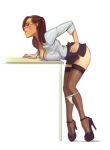 bent_over bra breasts cleavage closed_eyes glasses high_heels panties_down skirts stockings thong