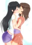 2girls arm arms art babe bare_arms bare_legs big_breasts black_hair blue_shorts blush breast_press breasts brown_hair closed_eyes dress hugging kainkout kissing legs long_hair love midriff multiple_girls mutual_yuri neck orange_dress purple_shorts short_hair short_shorts shorts standing symmetrical_docking yuri