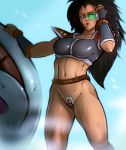 1_female 1girl armor black_hair blue_eyes bottomless breasts brown_fur dragon_ball dragon_ball_z female female_only fog fur genderswap long_hair outdoors raditz rule_63 standing tail