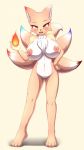 1girl 1girl 4_toes 5_fingers anthro barefoot big_breasts black_nose breasts canine chest_tuft digitigrade eyelashes fox fur furry looking_at_viewer mammal multi_tail navel open_mouth pussy simple_background standing tailzkim tan_fur teeth toes tongue tuft white_background wide_hips