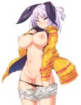 1girl 1girl 1girl bangs big_breasts black_panties black_underwear blush breasts eyebrows hair_ornament hair_ribbon high_resolution jacket looking_at_viewer navel nipples open_clothes open_jacket original panties panty_pull purple_eyes purple_hair ribbon short_hair short_shorts shorts thick_eyebrows transparent_background underwear vaginal_juices wazukani yellow_jacket