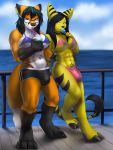  2016 anthro arm_around_waist beverage big_breasts bikini breasts bulge canine claws clothed clothing collar cup dessert digital_media_(artwork) dreamcatcher drinking_straw eric_(ericthelombax) fennec food fox furry futanari hair hair_over_eye ice_cream intersex jailbird lombax mammal piercing popsicle ratchet_and_clank sea shorts skimpy swimsuit tail todd video_games water 