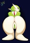 all_fours ass big_ass clitoris female gardevoir green_hair looking_at_viewer looking_back nintendo pokemon pussy red_eyes solo urw_(artist)