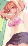  adjusting adjusting_hair big_breasts bra breasts cleavage hataraku_maou-sama! locker locker_room looking_at_viewer mouth_hold pink_bra sasaki_chiho scrunchie twin_tails twintails 