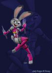  1girl 1girl 3_toes 4_fingers anthro black_fur buckteeth clothing cosplay dagger daggers disney drawing-4ever fur furry grey_fur judy_hopps lagomorph mammal melee_weapon mortal_kombat open_mouth paws purple_eyes rabbit smile teeth toes tongue video_games weapon white_fur zootopia 