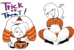 1girl ass ass_crack bent_over boots bucket fingerless_gloves gloves halloween jack-o'-lantern looking_back orange_panties panties pumpkin short_hair smile stockings striped tank_top thong white_background wide_hips wink