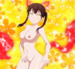 1girl 1girl animal_ears apron blush breasts brown_hair completely_nude completely_nude_female embarrassed fire_force floral_background high_resolution light_blush looking_at_viewer medium_breasts morioka_hideyuki nekomimi nipples nude nude_filter pink_apron screen_capture sideboob sparkle sparkle_background stitched tamaki_kotatsu tears third-party_edit tied_hair twin_tails yellow_background yellow_eyes