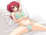  1girl bed blush bra gundam gundam_00 lingerie nena_trinity otabe_sakura otabetaste panties pussy red_hair solo spread_legs two_side_up uncensored underwear underwear_only yellow_eyes 