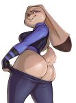 1girl 1girl animal_humanoid anthro ass big_ass blush breasts clothing disney embarrassed fur furry grey_fur humanoid judy_hopps lagomorph looking_at_viewer mammal pants police_uniform presenting purple_eyes rabbit rabbit_humanoid rhodesio shirt sweat teeth undressing uniform vest wide_hips zootopia