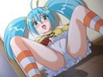  1girl bakugan bakugan_battle_brawlers blue_hair blush embarrassed fingerless_gloves footwear gloves green_eyes kneehighs misaki_runo open_mouth panties runo_misaki socks solo striped striped_kneehighs striped_legwear striped_socks twintails underwear white_panties 