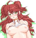  1girl bad_id blush breasts freckles gundam gundam_00 inverted_nipples nanamo nanamo_(002a) nena_trinity nipples oekaki red_hair shirt_lift solo yellow_eyes 