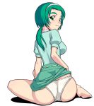  1girl akimoto_komachi ass barefoot caryo feet futari_wa_pretty_cure green_eyes green_hair hairband komachi_akimoto looking_back nanashino panties precure pretty_cure skirt skirt_lift solo underwear white_background white_panties yes!_precure_5 yes!_pretty_cure_5 