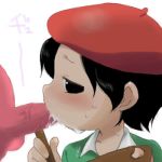 adeleine_(kirby) beret black_hair brown_eyes fellatio green_dress kirby_(series) kirby_64 nintendo painter