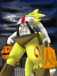 1girl 2016 3_fingers abs anthro armpits black_sclera blue_eyes breasts bucket cosplay digimon dipstick_tail fur furry halloween holding_object holidays low-angle_view multicolored_tail navel outside portrait renamon smoaer three-quarter_portrait underboob yellow_fur