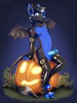 2016 anthro bat black_fur black_hair blue_eyes blue_fur blue_hair blue_nose blue_penis claws erection fangs food fruit fur furry hair halloween holidays horn jack-o'-lantern looking_at_viewer male mammal membranous_wings nipples outside penis pumpkin smile testicles wings zanush-una