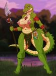 1girl 1girl 2016 alligator anthro big_breasts bottle breasts clothed clothing crocodilian forest furry grass half-closed_eyes high_res holding_object holding_weapon jewelry lake loincloth melee_weapon navel necklace non-mammal_breasts orange-peel outside pendant polearm potion reptile scalie skimpy smile spear swamp teeth topless tree tribal voluptuous water weapon yellow_eyes