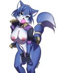 1girl 2016 anthro areola bent_over big_breasts blue_eyes blue_fur blue_hair breasts bubble_gum canine clothed clothing collar deareditor english_text fingerless_gloves fox fur furry gloves hair hand_on_thigh jacket jewelry krystal looking_at_viewer madopts mammal mostly_nude navel necklace nintendo nipples open_jacket pink_nipples raised_tail signature simple_background solo star_fox tailband text video_games white_background white_fur