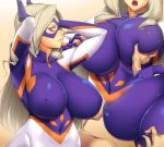 1boy 1girl ameoto annoyed arms_up bangs blonde_hair blush bodysuit boku_no_hero_academia breast_grab breast_sucking breasts covered_navel domino_mask embarrassed erect_nipples grabbing groping horns huge_breasts long_hair looking_at_viewer mask moaning mount_lady my_hero_academia nipple_bulge nipple_tweak open_mouth purple_eyes sequential skin_tight sucking sweat teeth