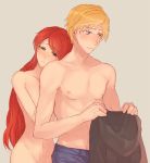 1boy 1girl art artist_request babe blonde blonde_hair blue_eyes couple green_eyes hair_down half-closed_eyes jaune_arc long_hair love nude pyrrha_nikos rwby short_hair