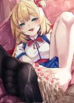  1girl akai_haato ashikoki bangs big_breasts blonde blue_eyes breasts censored cum cum_on_body cum_on_feet cum_on_lower_body feet footjob high_resolution hololive long_hair looking_at_viewer nail_polish open_mouth red_nails semen semen_on_body semen_on_feet semen_on_lower_body skirt smile suushiki toenail_polish virtual_youtuber 