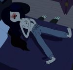 adventure_time bed bigtyme black_hair breast_grab breasts closed_eyes fangs floating marceline masturbation moaning open_mouth pants